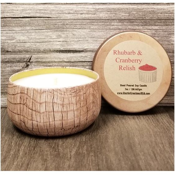 Rhubarb and Cranberry Relish Wood Grain Tin Candle