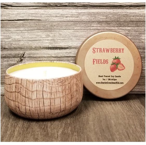 Strawberry Fields Wood Grain Tin Candle